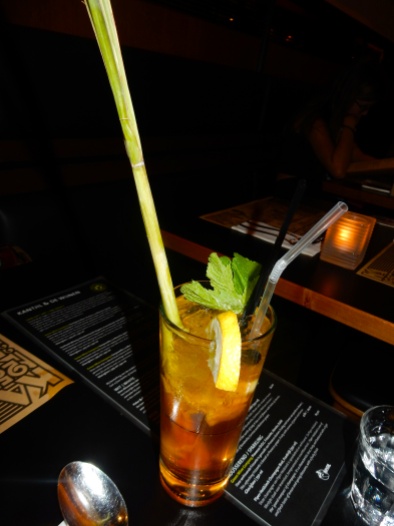 dope drink consisting of mint, tea, lemon, honey, and a straight-up stalk of raw sugar cane (!)